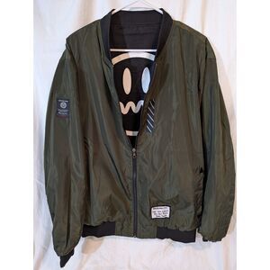 Reversible Bomber Jacket – Black Smiley Face / Olive Green – Unisex XL (Est.)
